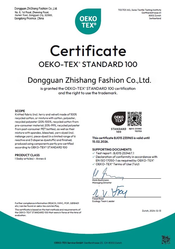 OEKO-TEX Standard 100 Certificate