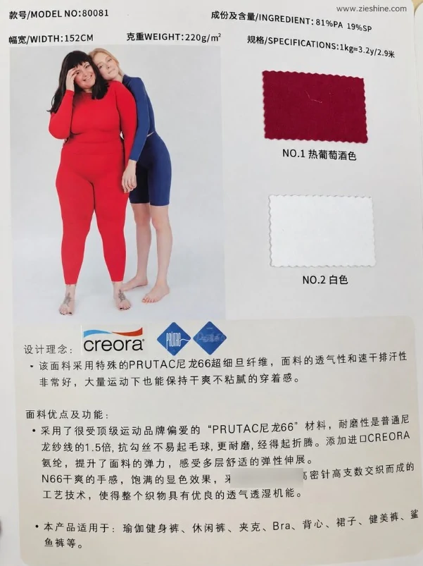 Mill swatch card 80081: 81% nylon 66 (PA) / 19% spandex (SP), 152 cm, 220 g/m², colours NO.1–2