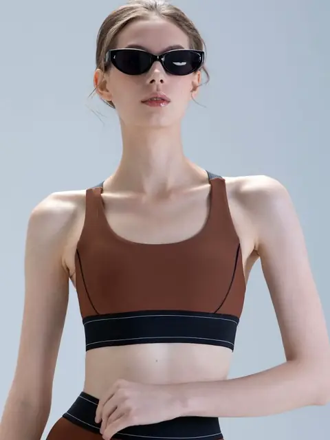 Adjustable-Strap High-Support yoga bra in auburn front view