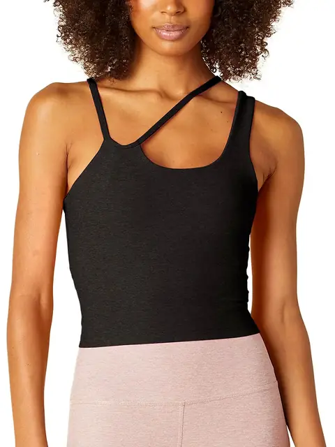 Asymmetric strap support yoga tank in coffee brown front view