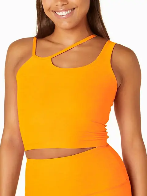 Asymmetric strap support yoga tank in hot pink front view