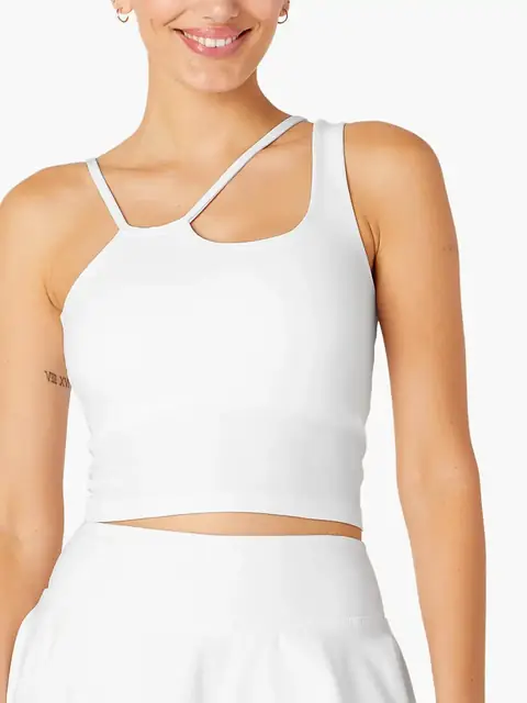 Asymmetric strap support yoga tank in mocha front view