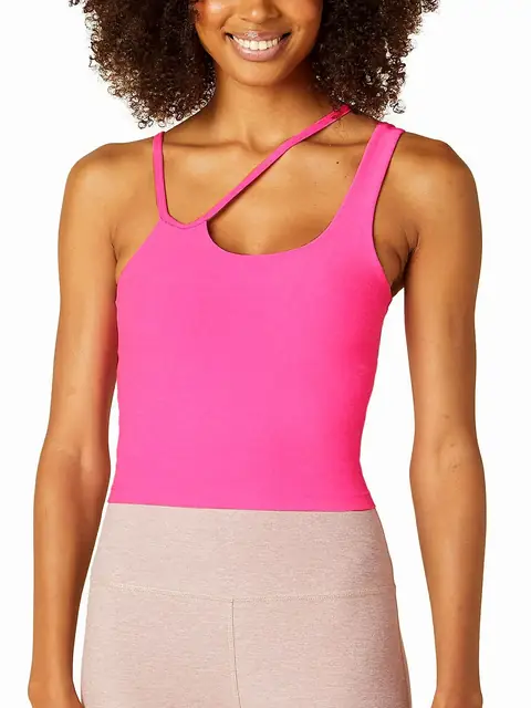 Asymmetric strap support yoga tank in rose pink front view