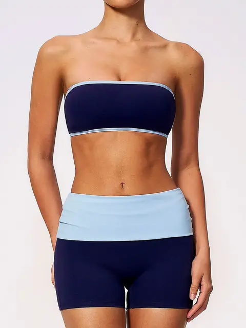Bandeau Colour-Block short yoga set in peach pink front view