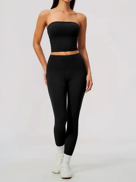Bandeau sculpt yoga set in dark chocolate front view