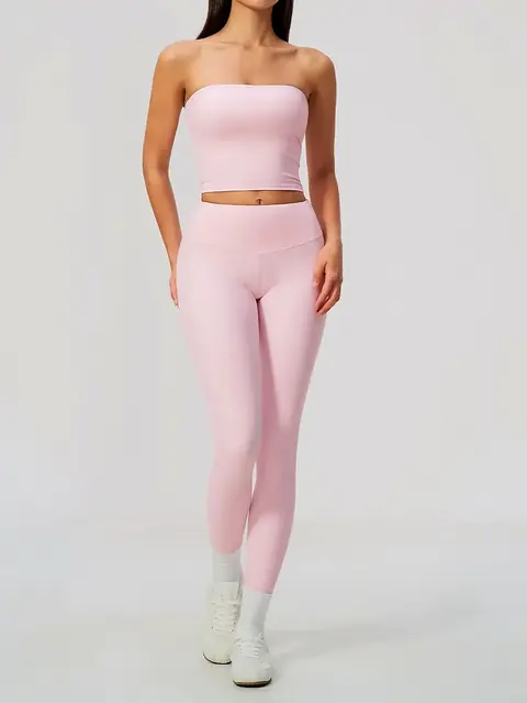 Bandeau sculpt yoga set in mousse pink front view