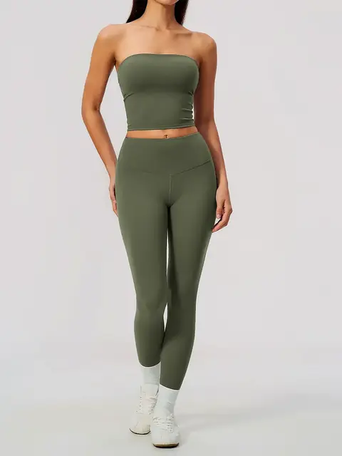 Bandeau sculpt yoga set in tea brown front view
