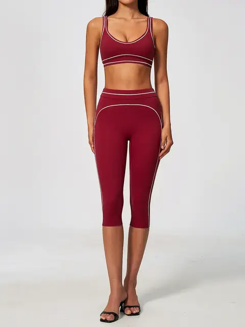 Brushed Anti-Shock support yoga set in cherry red front view