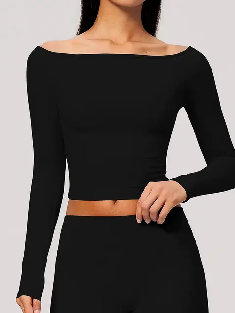 Brushed Boat-Neck Long-Sleeve yoga top in dark chocolate front view