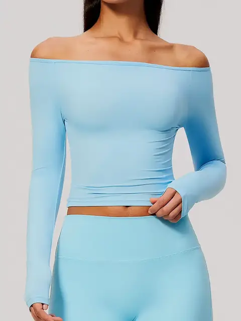 Brushed Boat-Neck Long-Sleeve yoga top in mist blue front view