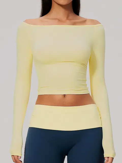 Brushed Boat-Neck Long-Sleeve yoga top in oat apricot front view