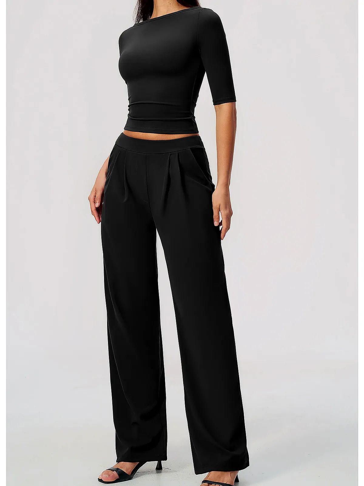 Brushed Boat-Neck Mid-Sleeve Top — side panel detail