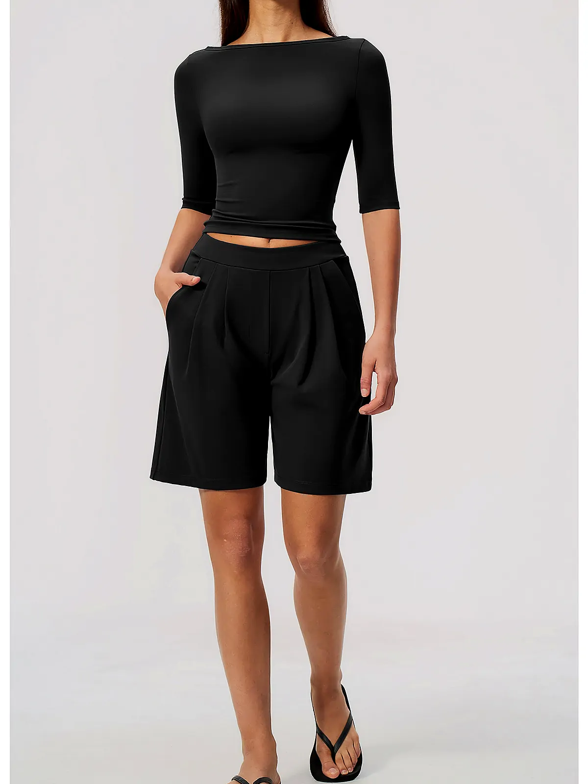 Brushed Boat-Neck Mid-Sleeve Top — flatlock seam detail