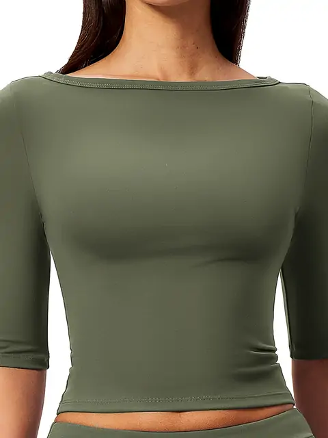 Brushed Boat-Neck Mid-Sleeve Top front view in olive