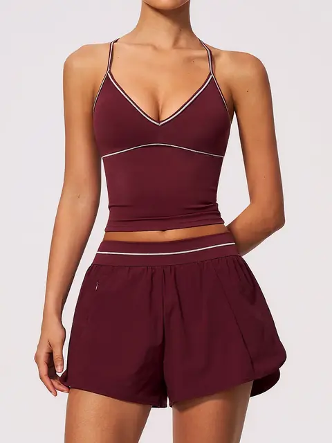 Brushed Colour-Block V-Neck yoga set in burgundy front view