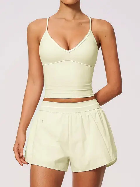 Brushed Colour-Block V-Neck yoga set in cream apricot front view
