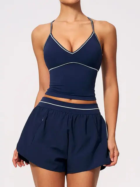 Brushed Colour-Block V-Neck yoga set in indigo front view