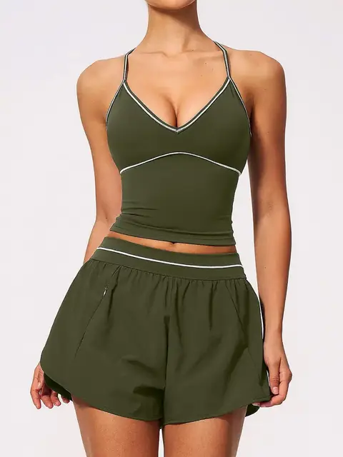 Brushed Colour-Block V-Neck yoga set in olive front view