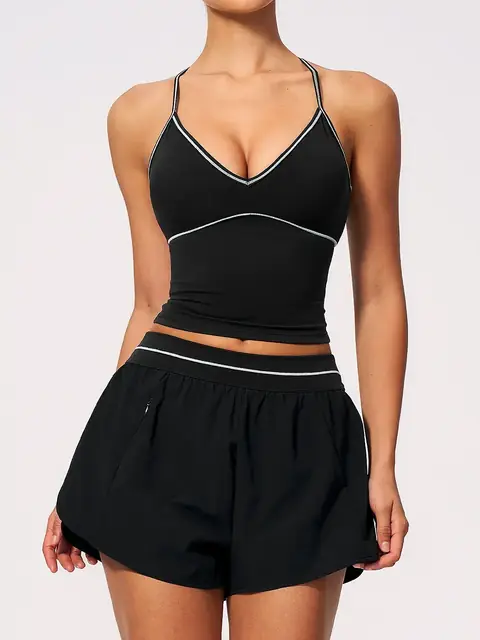 Brushed Colour-Block V-Neck yoga set in premium black front view