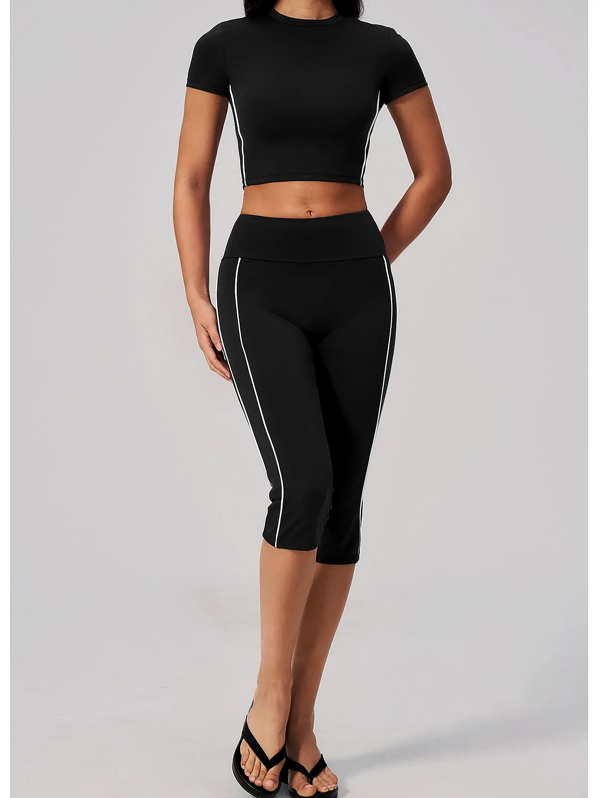 Brushed Crop Yoga Tee — flatlock seam detail