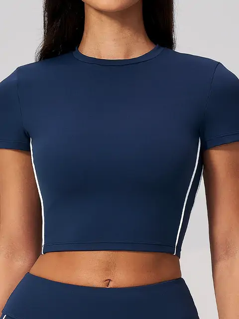 Brushed Crop Yoga Tee front view in midnight blue