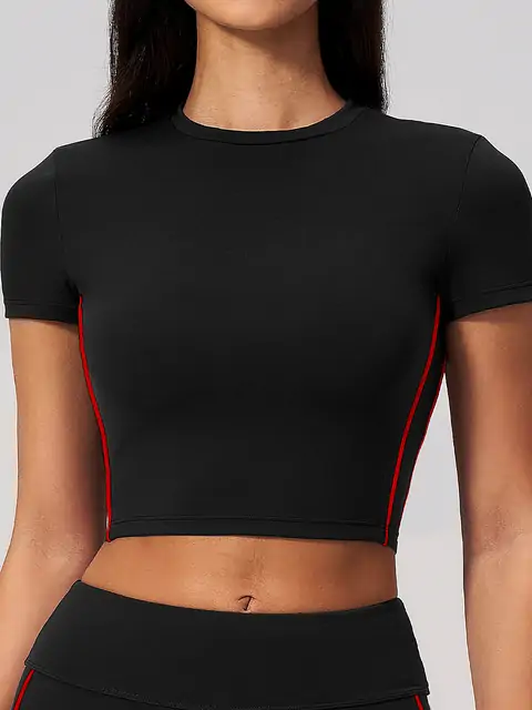 Brushed Crop Yoga Tee front view in premium black