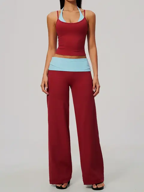 Brushed halter cami yoga top in burgundy front view