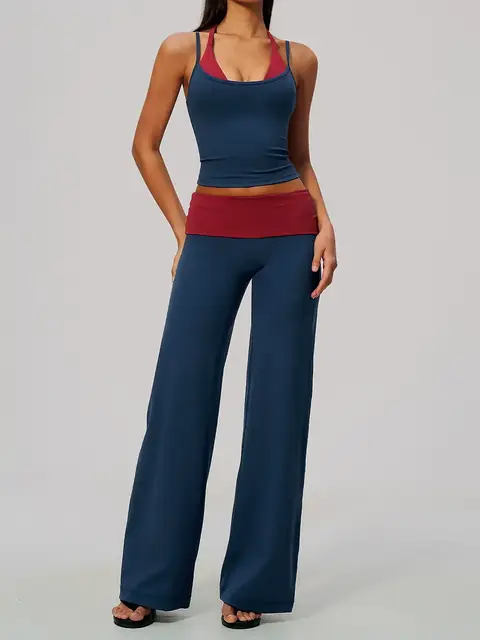 Brushed halter cami yoga top in indigo front view