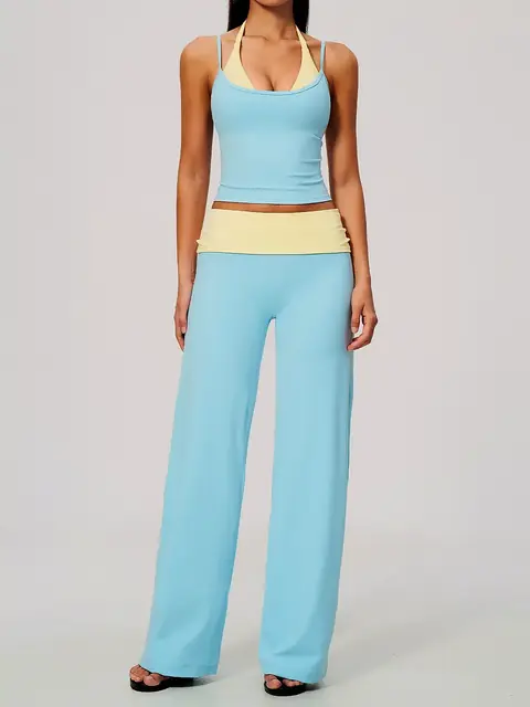 Brushed halter cami yoga top in mist blue front view