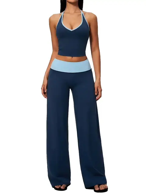 Brushed halter Colour-Block yoga set in dark chocolate front view