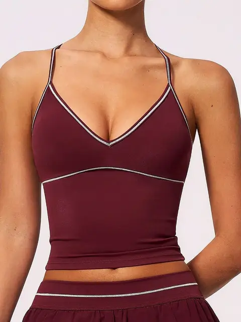 Brushed halter V-Neck yoga tank in auburn front view