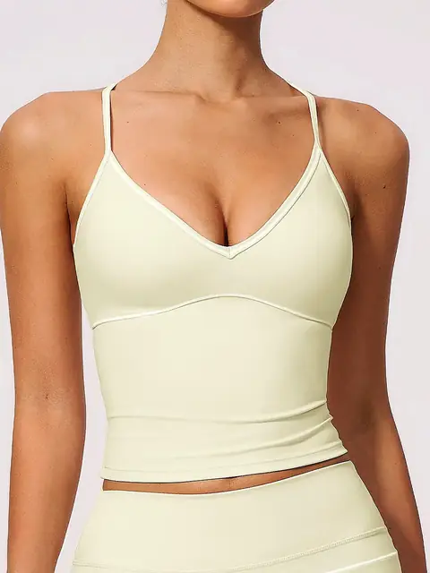 Brushed halter V-Neck yoga tank in cream apricot front view