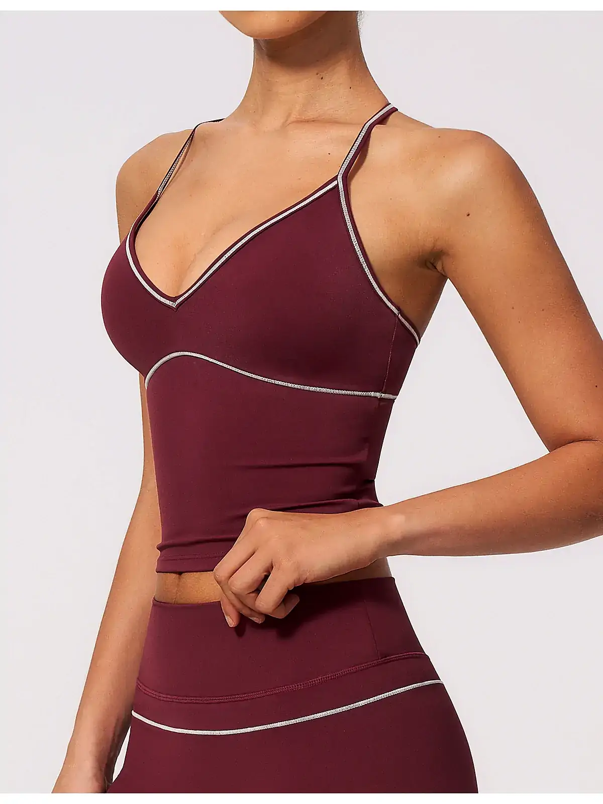 Brushed halter V-Neck tank back seam construction