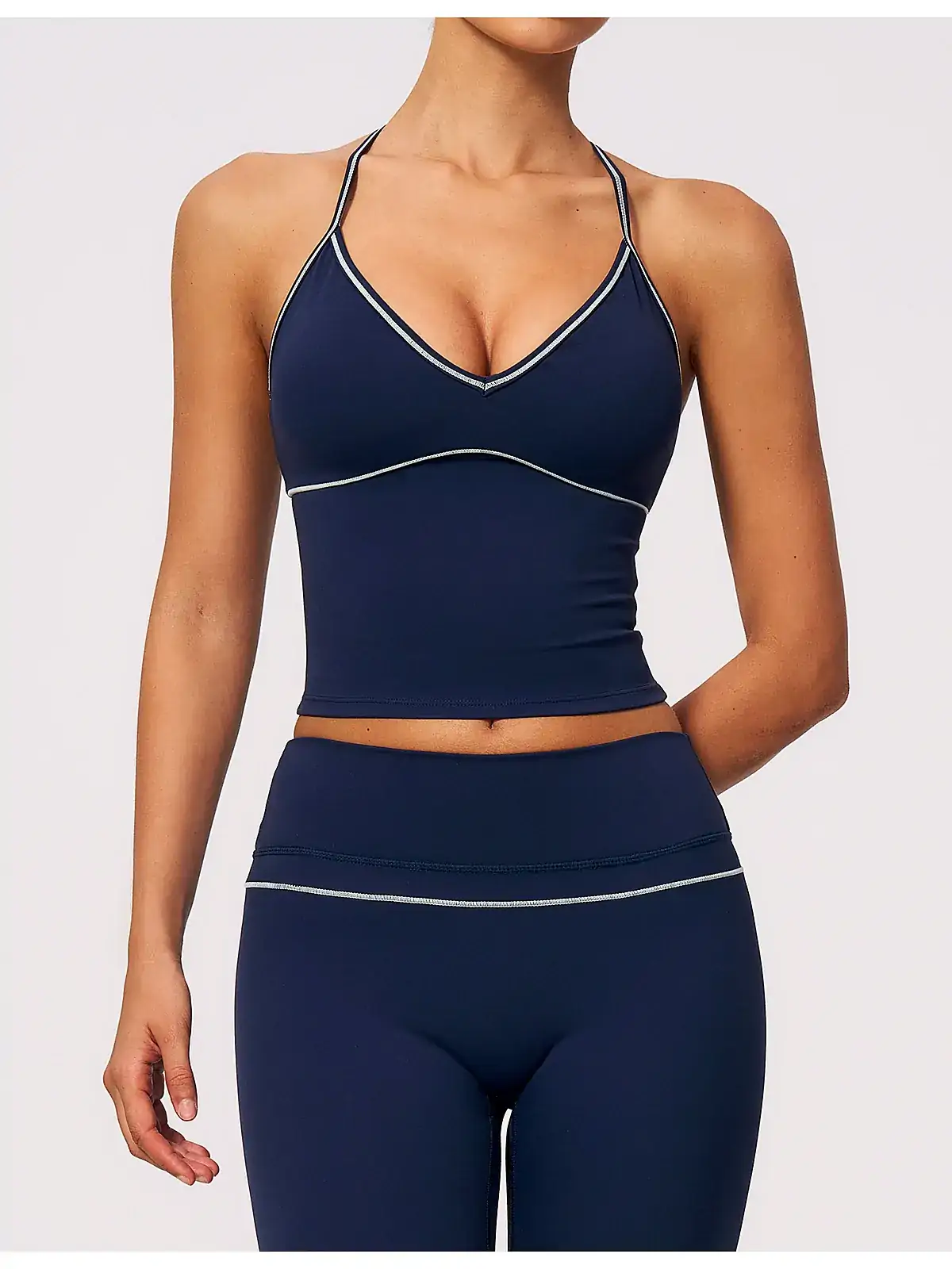 Waistband detail on Brushed halter V-Neck yoga tank
