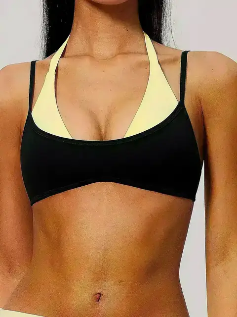 Brushed 2-in-1 halter yoga sports bra in auburn front view