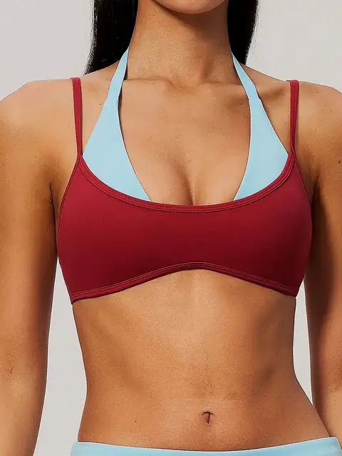 Brushed 2-in-1 halter yoga sports bra in terracotta front view