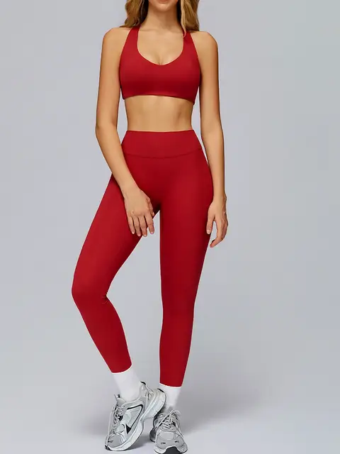 Brushed racerback yoga set in cherry red front view