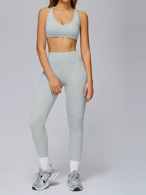 Brushed racerback yoga set in oat apricot front view