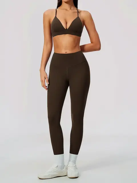Brushed sculpt Two-Piece yoga set in chestnut front view