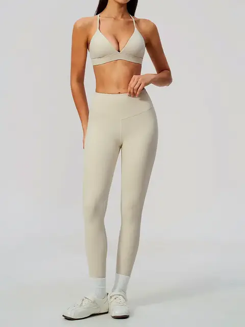 Brushed sculpt Two-Piece yoga set in oat apricot front view