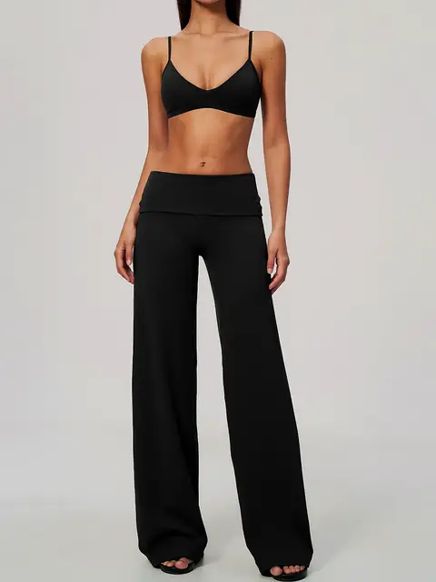 Brushed Skinny-Strap Fold-Waist yoga set in dark chocolate front view