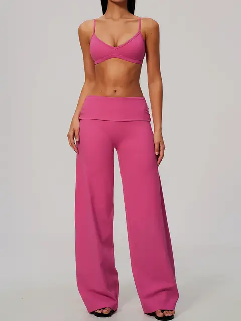 Brushed Skinny-Strap Fold-Waist yoga set in wine red front view
