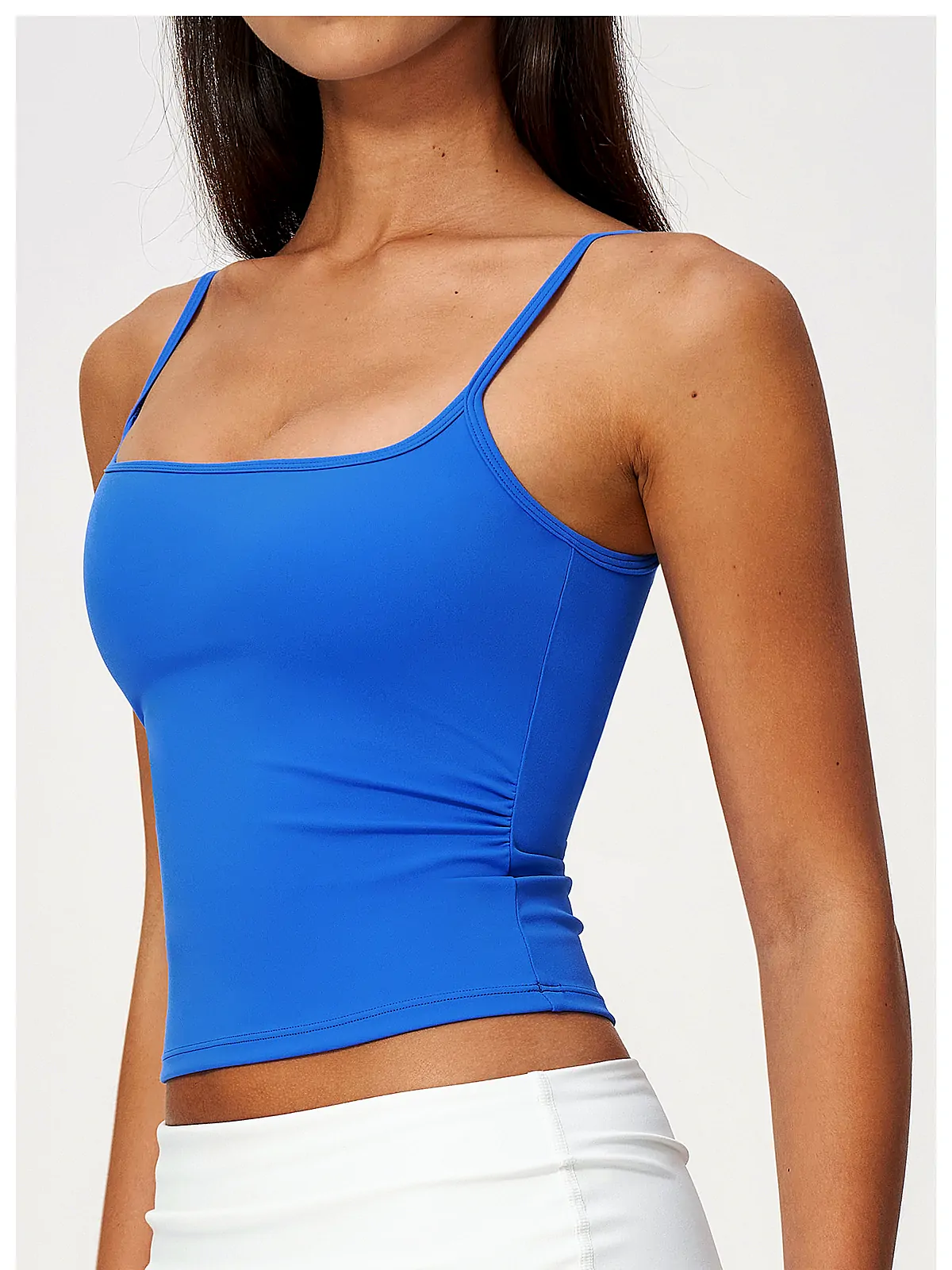 Brushed Skinny-Strap yoga tank back seam construction