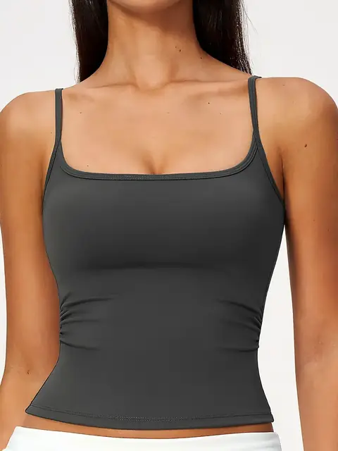 Brushed Skinny-Strap yoga tank in tea brown front view