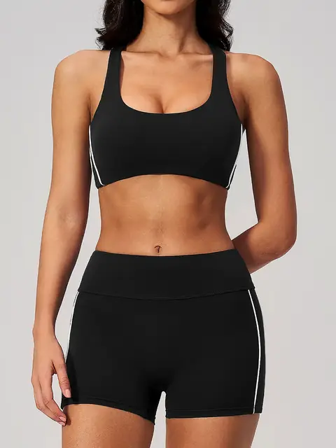 Brushed Slim-Fit running yoga set in black white block front view