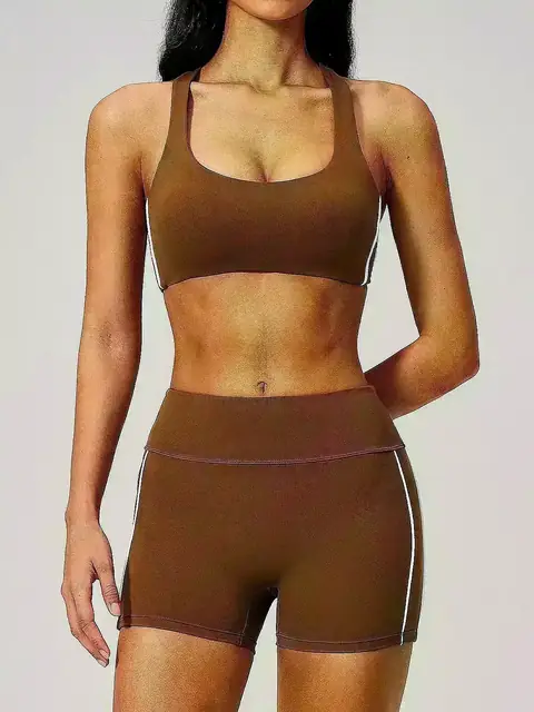 Brushed Slim-Fit running yoga set in chestnut front view
