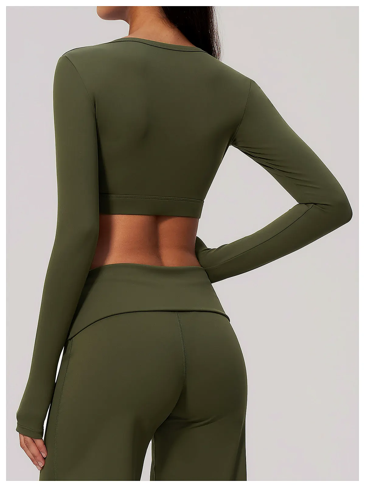 Brushed U-Neck Crop Long-Sleeve — flatlock seam detail