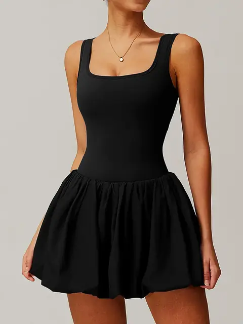 Buttery 2-in-1 tennis dress in premium black front view