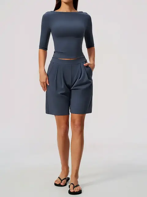 Cinched Elbow-Sleeve short yoga set in burgundy front view