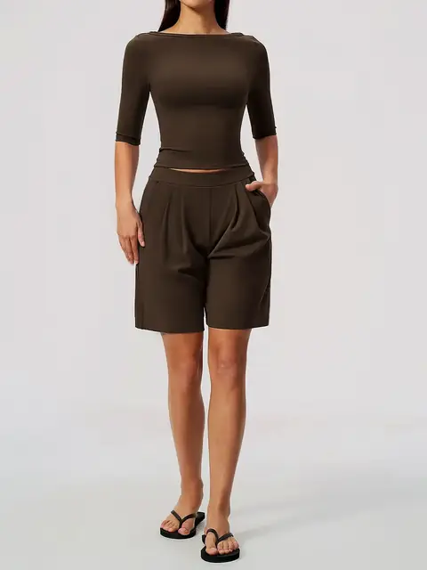 Cinched Elbow-Sleeve short yoga set in chestnut front view